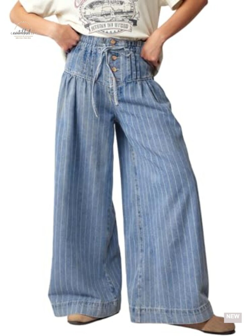 Baggy Wide Leg Denim Pants Drawstring Pleated Flare Jeans Ruffle Button
